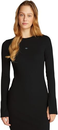 Calvin Klein Women’s Woven Label Short Ribbed Dress with Long Sleeves, Black (Ck Black), M