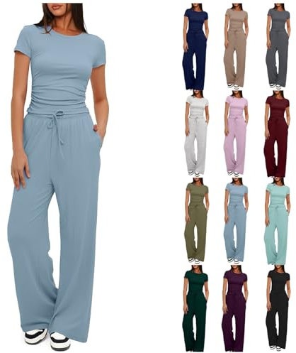 Sommer Zweiteiler Damen Sommer Anzug Pyjama Gym Outfit Damen Outfits Musselin Sport Set Damen Kurz Musselin Zweiteiler Damen Loungewear Damen Set Sport Outfit Damen Fitness Set(1-Light Blue,S)