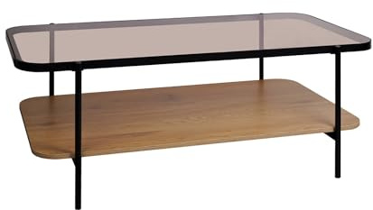 sweeek - Mesa de Centro Vintage de Metal Negro con Tapa de Cristal y decoración de Madera, Smooky, Natural