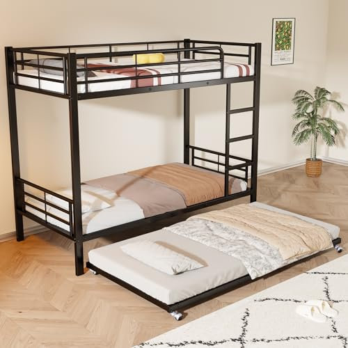 HAINEW Etagenbett Metallbett 90 x 200cm mit 90 × 190cm Ausziehbares Bett für 2-3 Kinder, Schwarz Klassisch Eisenbett Metall Bettgestell mit Leitern und Geländer für Kinder, Jugendliche, Erwachsene