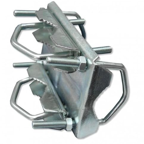 Kreuzschelle, verzinktes Stahl, zum Montieren von Masten an Quer- und Längstträgern. Für Rohre bis Ø 50 mm