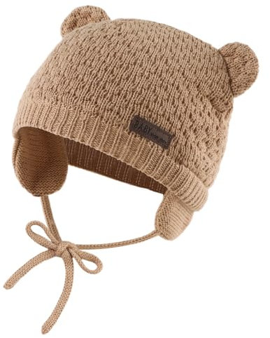 XIAOHAWANG Baby Wintermütze Jungen Mädchen Warmer Strickmützen Weicht Baumwolle-Futter mit Süße Bärenohren Winter Babymütze(Khaki, 0-6 Monate)