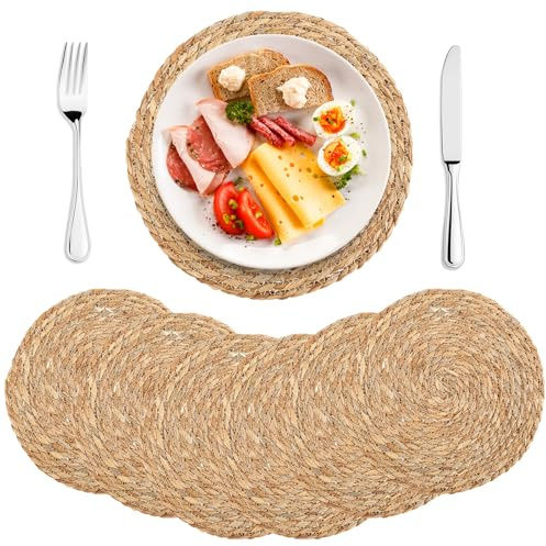 6pcs Platzset Rund Stroh 35cm Tischset Boho Abwaschbar Platzdeckchen für Küche Esstisch Wanddekoration im Freien (35CM)