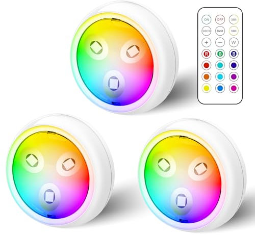 GBKDQQ LED RGB Spots Batteriebetrieben mit Fernbedienung 3er Set, 13 Farbwechsel Schrankbeleuchtung Dimmbar Vitrinenbeleuchtung Kabellos LED Touch Lampe Timer Unterbauleuchte Batterie zum Klebepads