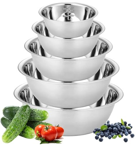 GBACHOOSE 5er-Set Edelstahl Schüssel, Rührschüssel 0.58L/0.9L/1.6L/2.05L/2.6L, Metallschüssel, Salatschüssel mit Skala, Rührschüssel Servierschüssel Stapelbar