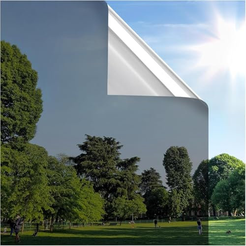 rabbitgoo One Way Window Film Privacy Film for Glass Windows Sun Blocker, Heat Reflective Mirror Tint Stickers Anti Glare, UV Glass Vinyl Static Cling for Home Office, Black Silver 44.5x200cm
