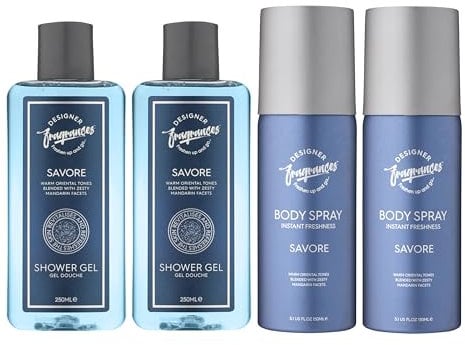 Designer Fragrances Savore Men's Bundle - Each Package Includes 2 x 150ml Body Spray Deodorant Cans - 2 x 250ml Shower Gels - For Instant Freshness - Long Lasting Smell - Great Male Gift Sets