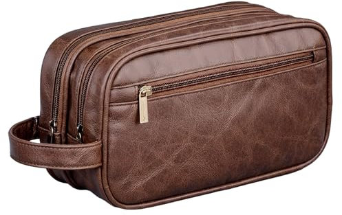 Amexo Kulturtasche Herren Leder Waschtasche Reise-Tasche für Herren Leather Toiletry Bag Kosmetiktasche für Herren und Damen (Braun)