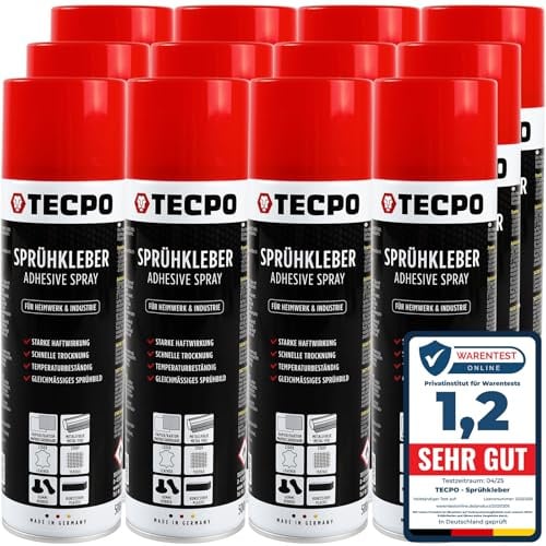 TECPO Sprühkleber 12x 500ml, Industriekleber, Stark haftend, Schnelle Trocknung, Hohe Temperaturbeständigkeit, Vielseitig für Textilien, Leder, Schaumstoffe, Dämmmaterialien, PVC, Papier