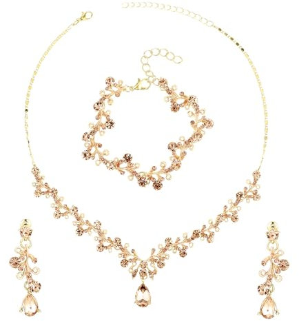 Yolev Strass Hochzeit Schmuckset Damen Brautschmuck Kristall Halskette Armband Ohrring Set Gold Braut Hochzeitsschmuck Brautjungfer Abschlussball Kostümzubehör Modeschmuck Set (Gold)