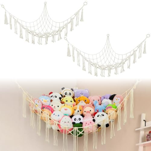 Teddy Hammock – 2Pack Boho Corner Toy Storage Net for Stuffed Animals, Large Hanging Organizer for Kids’ Bedroom & Playroom, Macrame Cuddly Toy Storage Solution to Declutter & Decorate, Beige