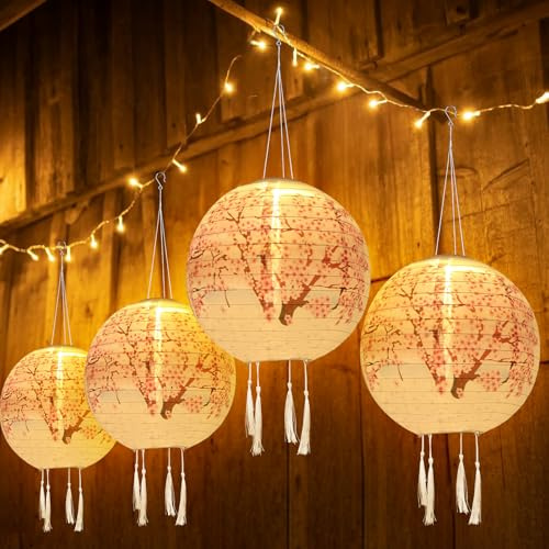Starnearby 30cm Solar Lampions Außen Wetterfest Solarlampen für Außen Hängend Lampions Solar Outdoor Wasserdicht Nylon Japanische Laterne für Balkon Terrasse Fest Deko (2 Stück Rosa mit Quasten)