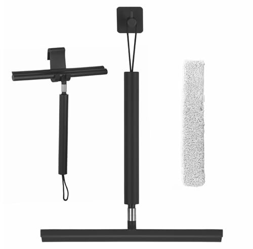 Window Squeegees, 120CM Window Cleaner with Long Handle Floor Squeegee with Silicon Squeegee & Microfiber Scrubber for Tile Shower Glass Mirrors and Floors,12 inch Wide, Black