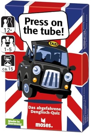 Moses. Press on the Tube! Das abgefahrene Denglisch-Quiz – verrücktes Sprachspiel mit Redewendungen, spielerisch Englisch Lernen mit 75 Quizkarten, für 1–5 Spielende ab 12 Jahren
