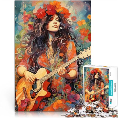 Puzzle für Erwachsene 1000 Teile Spielzeug Lernspiele Stressabbau Hippie-Mädchen spielt Gitarre Geeignet für die Schreibtischdekoration52x38cm