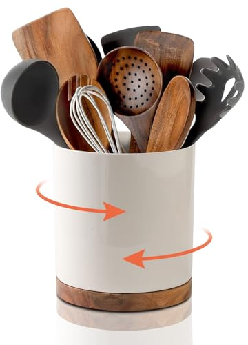 PORFOYO Küchenutensilienhalter, Utensilienhalter Küche, 360° Drehbarer Utensilienhalter, Keramik + Holzsockel, Küchenutensilien Aufbewahrung für Kochwerkzeug, Küchendekoration, 16.5 x 19 cm, Weiß