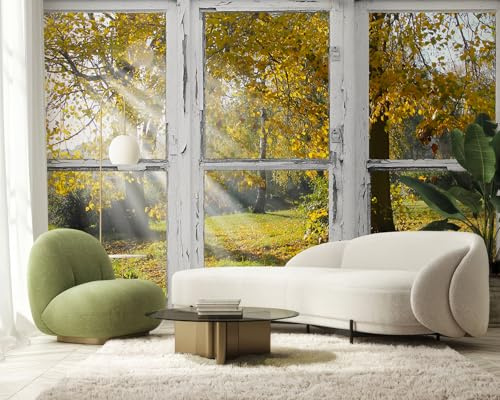 PaxGloz Fototapete Fensterblick Tapete Fenster Ausblick Herbstlandschaft Tapeten Vliestapete Modern Wandtapete Wohnzimmer Schlafzimmer Kinderzimmer Wanddeko Motivtapeten 250 x 175 cm (B x H)