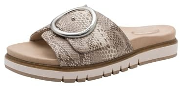 Tamaris Damen Wide Fit Pantoletten flach mit Klettverschluss und Schnalle, beige (beige Snake), 42 EU