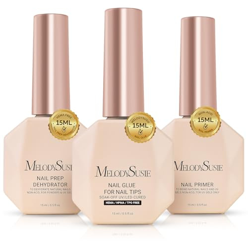 MelodySusie Nail Glue Nail Dehydrator and Primer Set Long Lasting Shine Nail Polish Art Design Manicure Kit Perfect Gifts for Women Girls 3 Pcs 15ml Clear