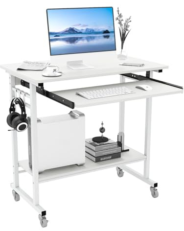 COSTWAY Schreibtisch mit Rollen, Tastaturablage, platzsparender Computertisch PC-Tisch mit Ablagefläche unten und Haken, industrieller Laptoptisch für das Heimbüro (Weiß)