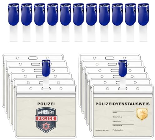 FloraVigo 12 Stück Polizei Ausweise mit Clip und Hülle,Party-Lanyard mit Polizeimotiv, Ausweis-Set für Kindergeburtstage