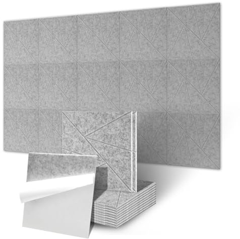 ISOISL 12x Akustikpaneele Hellgrau selbstklebend Quadratische Akustikplatten Polyester Schallschutzplatten für Wanddekoration und Schallschutz,Studio und Home Deko(30x30/ 1.08m³)