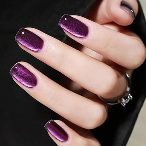 Clawrex Cat Eye Press on Nails Kurz, 24 Stück Lila Rund Nägel zum Aufkleben Katzenaugen, Full Cover Fingernägel Mit Nagelkleber, Glänz Soft Gel Fake Nails für Frauen, Künstliche Nagel Nail Art