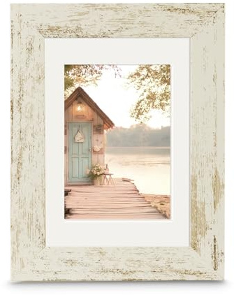 Hama Kunststoffrahmen „Cottage“ 30 x 40 cm, Altweiß, Shabby-Look, mit Passepartout für 20 x 28 cm, Qualitätsglas, Wandaufhängung, Hoch- und Querformat