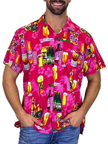 V.H.O. Men's Beerbottle-Shirt Short-Sleeve Casual-Button-Down Hawaii-Vacation, Beerbottle, Pink, M