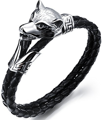 JewelryWe Schmuck Herren Armband, Biker Gotik Wolf Kopf, Geflochten Leder Echtleder Edelstahl, Schwarz Silber