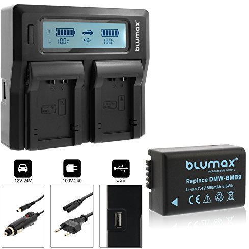 Blumax Batterie de rechange Panasonic DMW-BMB9 / DMW-BMB9E 890 mAh + double chargeur | Compatible avec Panasonic Lumix DMC-FZ40-FZ45-FZ47-FZ48-FZ60-FZ62-FZ70-FZ72-FZ100-FZ150 Leica V-LUX 2/3