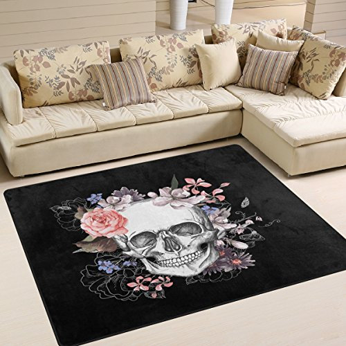 Use7 Teppich für Wohnzimmer, Schlafzimmer, 203 cm x 147,3 cm, Rosa mit Totenkopf-Motiv, Schwarz