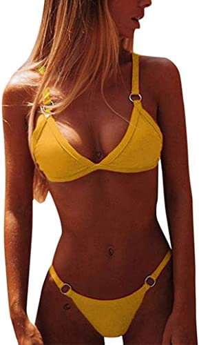 CheChury Damen Bikini Set Klassischer Zweiteilige Badeanzug Triangel Rückenfrei Bikinioberteil Verstellbare Bademode Brasilianer Tanga Bikinihose,Gelb,XL