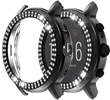Compatible for Fossil Gen 5 Julianna Case, LvBu PC Bling Crystal Diamonds Shiny Rhinestone Bumper Case Cover Compatible for Fossil Julianna Hr Smartwatch (Black+Black)