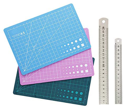 Smavles Tapis de Découpe 3 Pièces Tapis de Couture Tapis de Coupe A5 Auto-Cicatrisant,avec Règle en Acier Inoxydable 2 Pièces,pour Couture,Patchwork,Cutter Rotatif,Artisanat,Bricolage, DIY