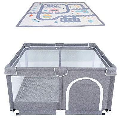 Star Ibaby Oxford XL + Alfombra - Parque de Bebés Ultraligero con Alfombra Ultrasoft - Color Soft Grey