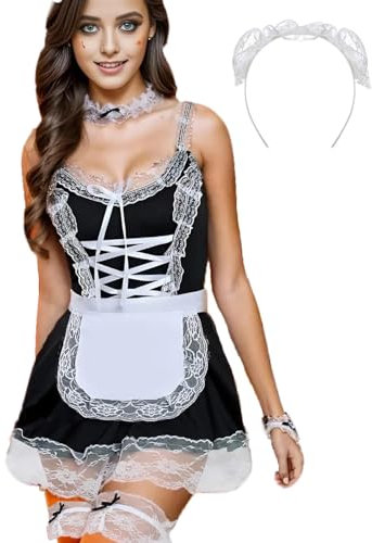 JasmyGirls Women's Sexy French Maid Costume Anime Cosplay Lingerie Outfits Roleplay Dress Naughty Lace Apron