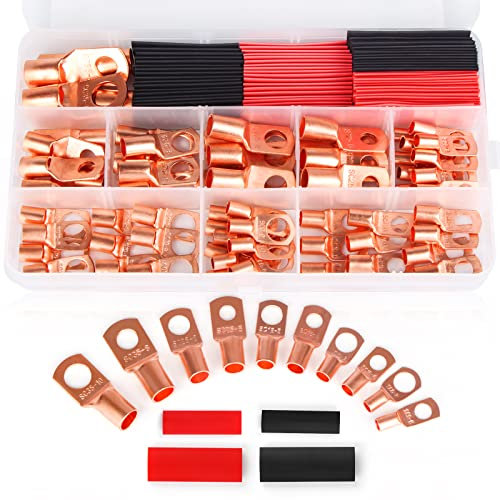130Pcs Copper Wire Lugs AWG2 4 6 8 10 12 with Heat Shrink Set, 70Pcs Battery Cable Lugs Battery Cable Ends Ring Terminals Connectors with 60Pcs Heat Shrink Tubing Assortment Kit