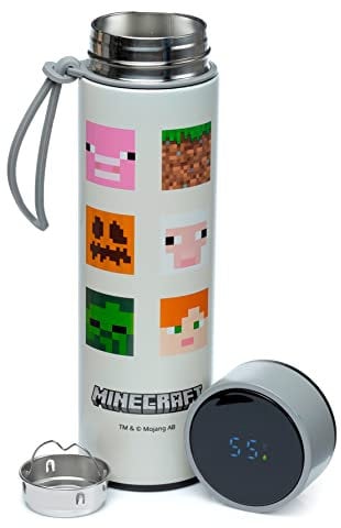 Puckator Minecraft - Stainless Steel Water Bottle with Led Temperature Display - Cold for 24h and Hot for 6h - Metal Water Bottles with Faces - Modern Thermos Flask - Bpa Free - 450 ml