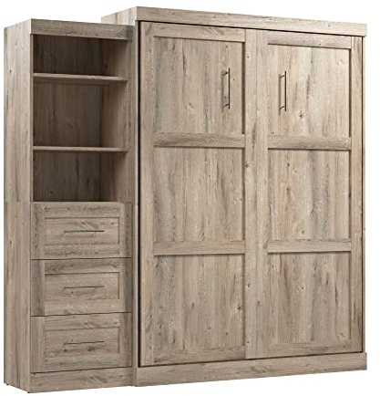 Bestar Pur Queen Murphy Bed and Shelving Unit with Drawers, 90-inch Space-Saving Wall Bed