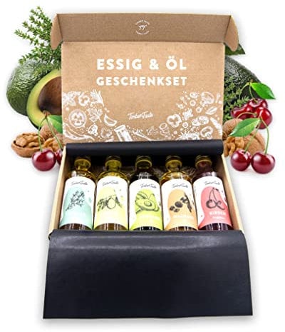 TIMBER TASTE® Essig & Öl Geschenkset Frauen [Vitalisierend] - 5 erlesene Essige & Speiseöle [5x40ml] - Kochbox Koch Set - Besonderes Geschenk Set zum Muttertag - Geschenkbox Muttertag für Mama