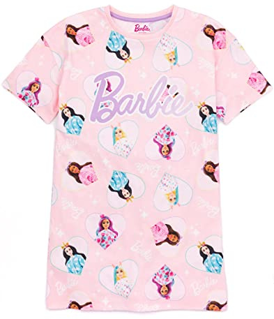 Barbie Girls Nightdress Pyjama | Pink Short Sleeve Nightie For Kids | Doll & Unicorn Classic Logo All Over Print Graphic Sleepwear | Movie Toy Nightwear Clothing Merchandise Gift for Children
