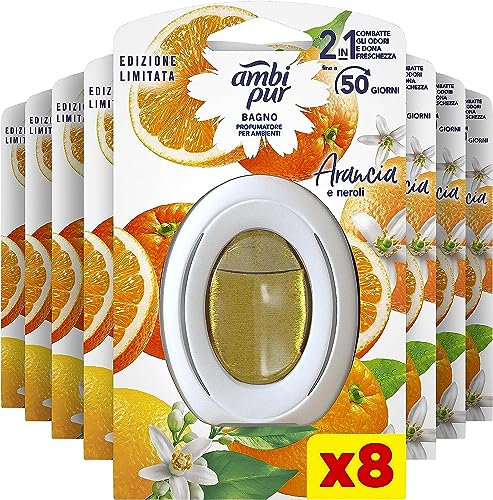 Ambi Pur Bagno Profumatore Per Ambienti, 8 Profumatori Bagno, Fragranza Arancia e Cannella, Diffusore Ambiente Con Tecnologia Elimina Odori, Durata Fino a 50 Giorni Per Profumatore