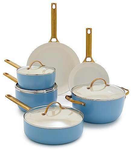 GreenPan Reserve Hard Anodized Healthy Ceramic Nonstick 10 Piece Cookware Pots and Pans Set, Gold-Tone Stainless Steel Handles, PFAS & PFOA-Free, Dishwasher Safe, Oven & Broiler Safe, Sky Blue