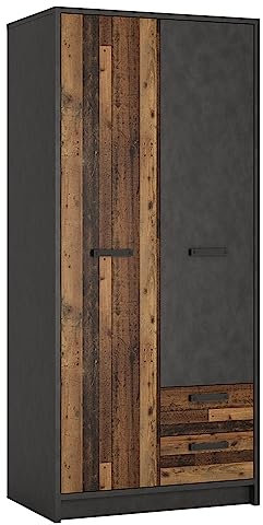 Lomadox Kleiderschrank Jugendzimmer 2-türig in grau mit Holz Nb., Jugendzimmerschrank, schmal, Schrank, Bekleidungsschrank, Kleiderregal, Gaderobenschrank, Stauraumschrank, B/H/T ca. 87/196/60 cm