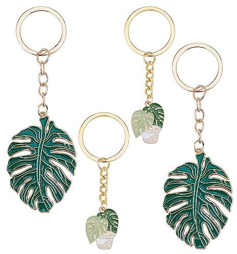 CRASPIRE 4 Pcs Feuille de Palmier Émail Porte-Clés Plante Tropicale Vert Feuilles de Monstera Porte-Clés Doux Suspendu Pendentif Charme Porte-Clés pour Sac à Main Voiture Écouteur Sac Portefeuille Sac