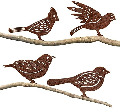 SUPRBIRD Gartenstecker Vogel, 4 Stück Gartenstecker Rost, Gartendeko Rost Vögel, Gartenstecker Rost Deko, Gartenstecker Metall mit Schraubgewinde für Holz Zaunfiguren Gartendekoration