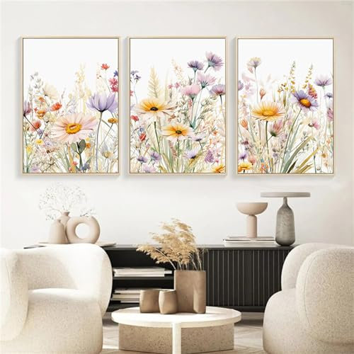 Uixxducc Blumen Poster Wohnzimmer Bilder 3er Set Gänseblümchen Wandbilder Aesthetic Bilder Leinwand Kunstdrucke Wandposter Ohne Rahmen (50 x 70 cm)
