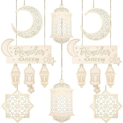 Holz Ramadan Anhänger Ornament, 8 Stück Holz Ramadan Dekoration Islam Eid Mubarak Dekorationen Hängende Holz Anhänger Ornament, Mond Stern Licht Form Holzanhänger DIY Ramadan Festival Dekoration Holz