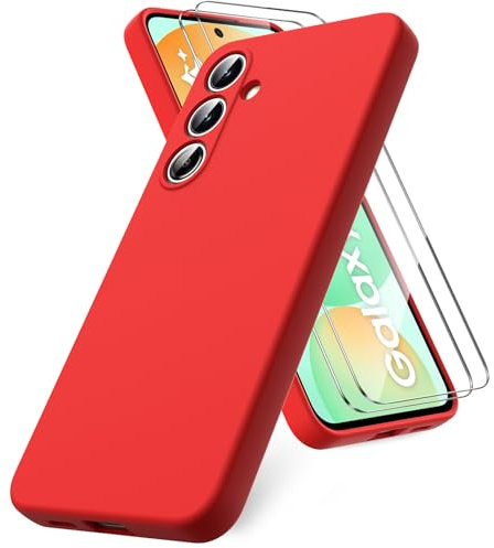 Vansdon Hülle kompatibel mit Samsung Galaxy S24 FE Hülle, mit 2 Schutzglas, weiche TPU Flüssigsilikonhülle, stoßfestem Gummi Silikongel Fall-Rot